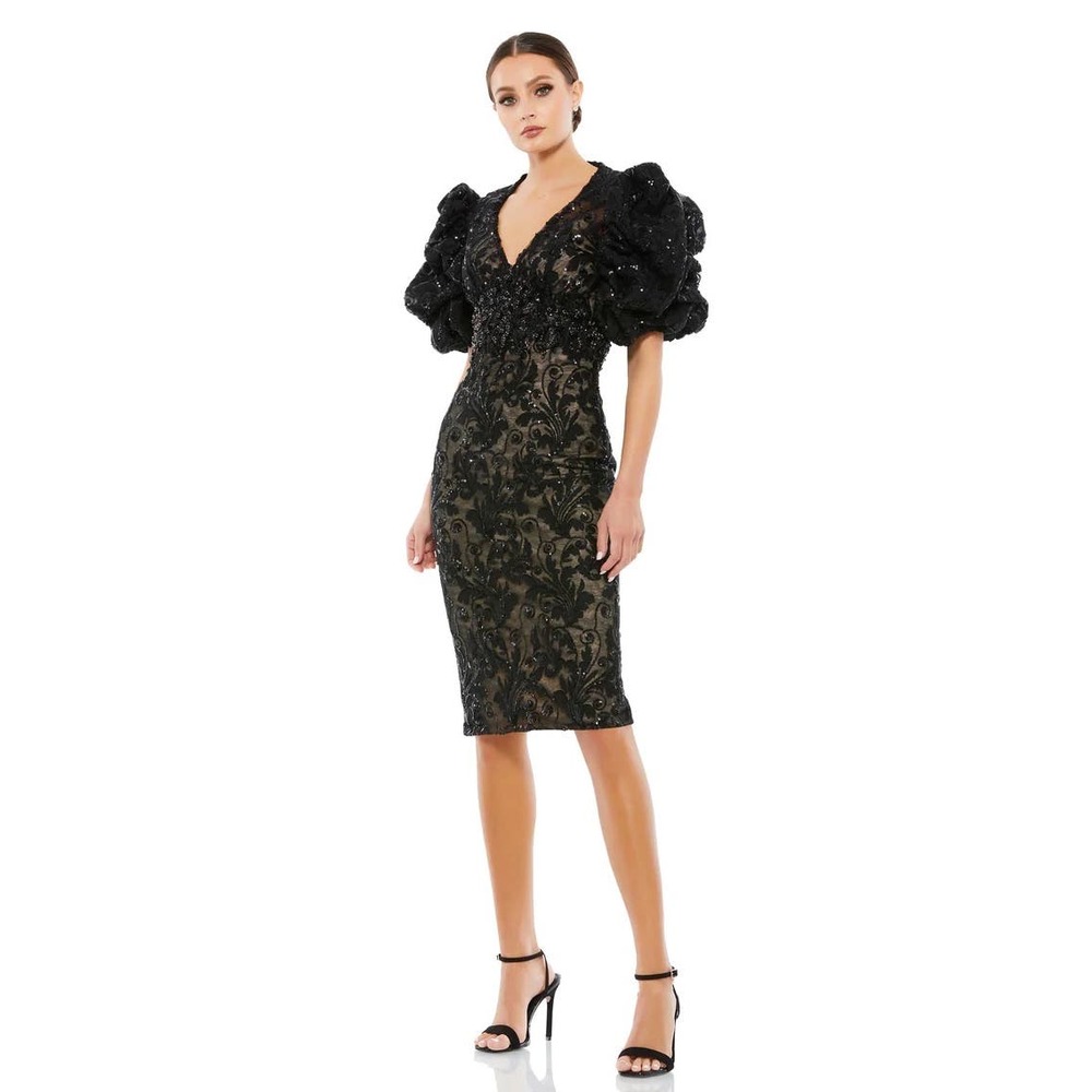 Mac Duggal 12440 Black Embellished Puff Sleeve Plunge Neck Dress